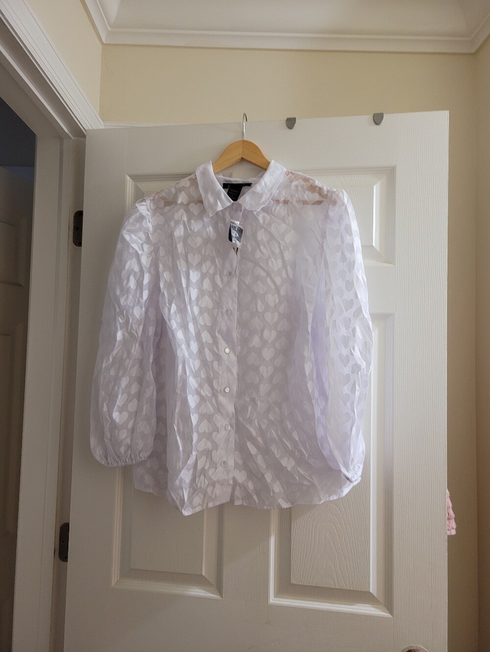 Ashley Stewart White Sheer Heart-Pattern Button-Down Blouse